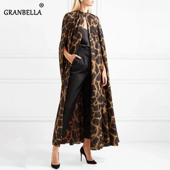 

New Arrival Autumn Vintage Fashionable Women Cardigan Coat O-Neck Batwing Sleeve Leopard Maxi Cloaks For Office Ladies