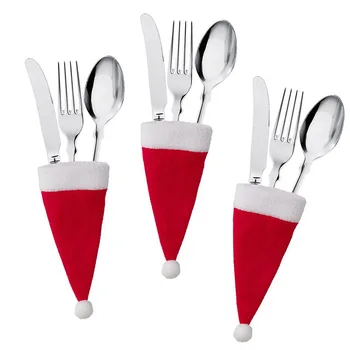 

10pcs Christmas Decorative Tableware Mini Caps Pocket Knife Fork Spoon Holders Christmas Table Decoration for Home Xmas Supplies