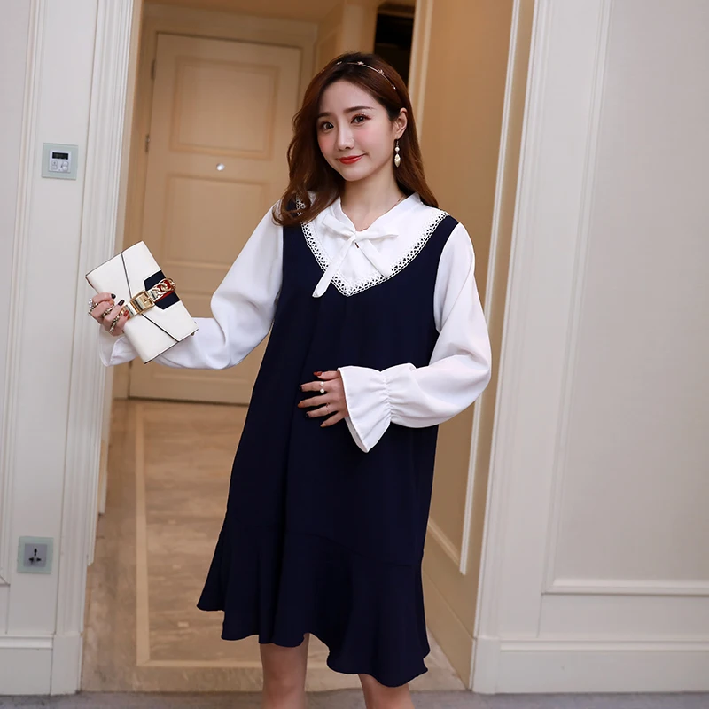 Весеннее модное платье для беременных с длинными рукавами-фонариками и бантом