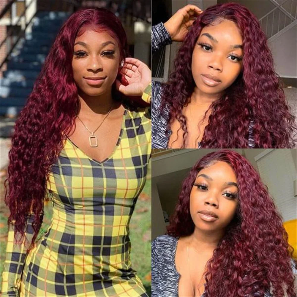 Hot Sale Products! 99j Red Brazilian Straight Colored Human Hair Middlle Part Lace Wigs Pre-Plucked 150% Density Remy Body and Curly wave For Women