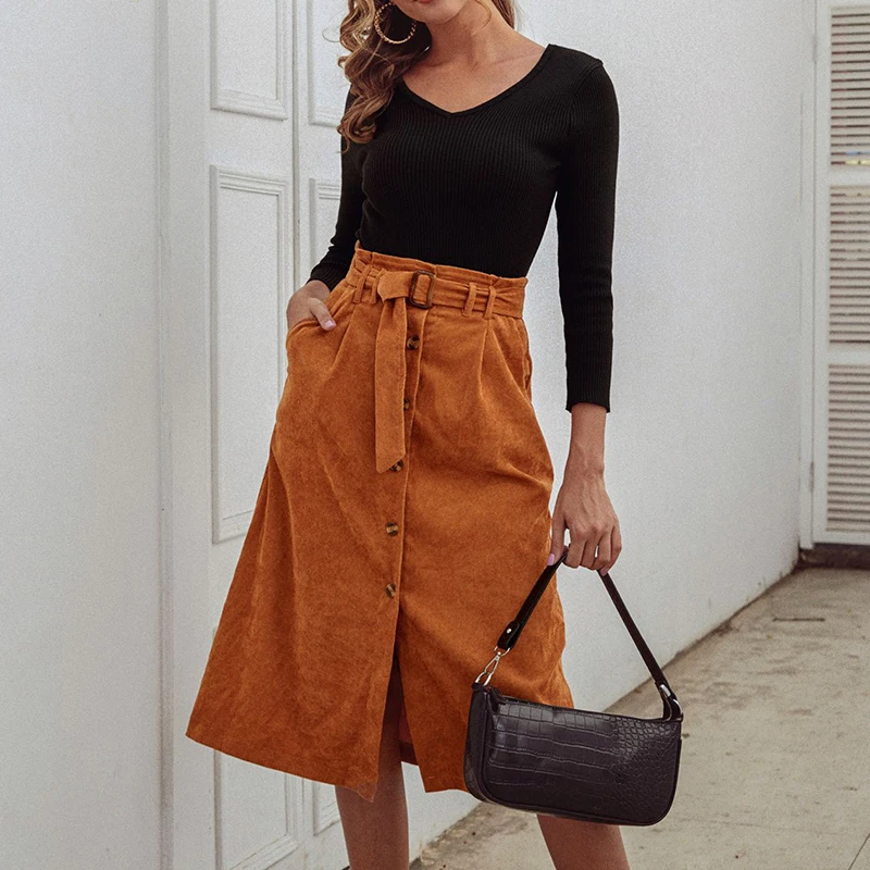 Women Skirt High Waist A-line Loose Autumn Skirts Elegant Office Corduroy Spring Casual Skirts Buttons Knee Length Skirt LX216