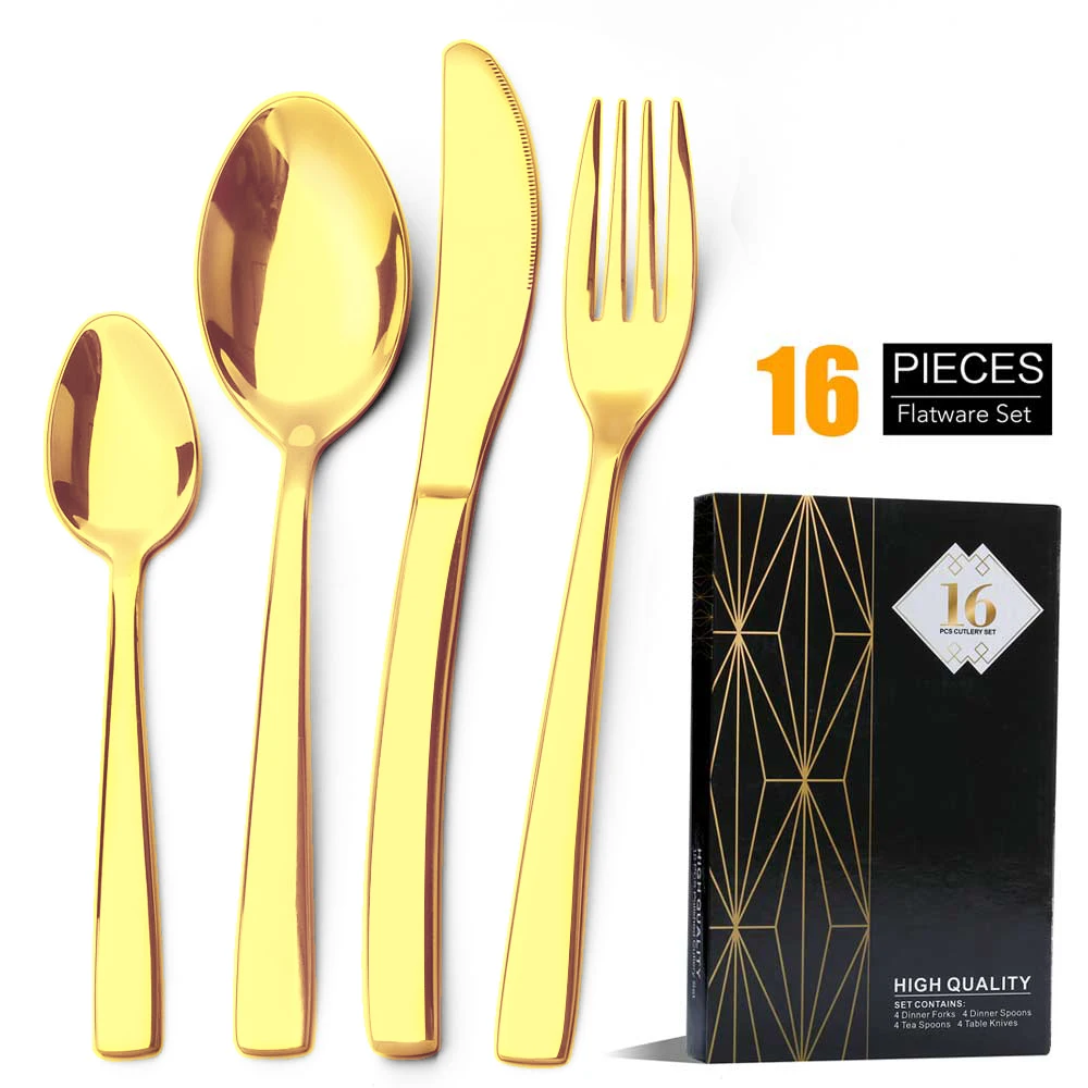 

16 PCS Gold Cutlery Flatware Set Mirror Polishing Cutlery Sets Stainless Steel Dinnerware Spoons/Knives/Fork Gift Box