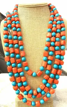 

Natural Pretty Pink Coral Blue turquoise Bead Long 100 inch Necklace AAA