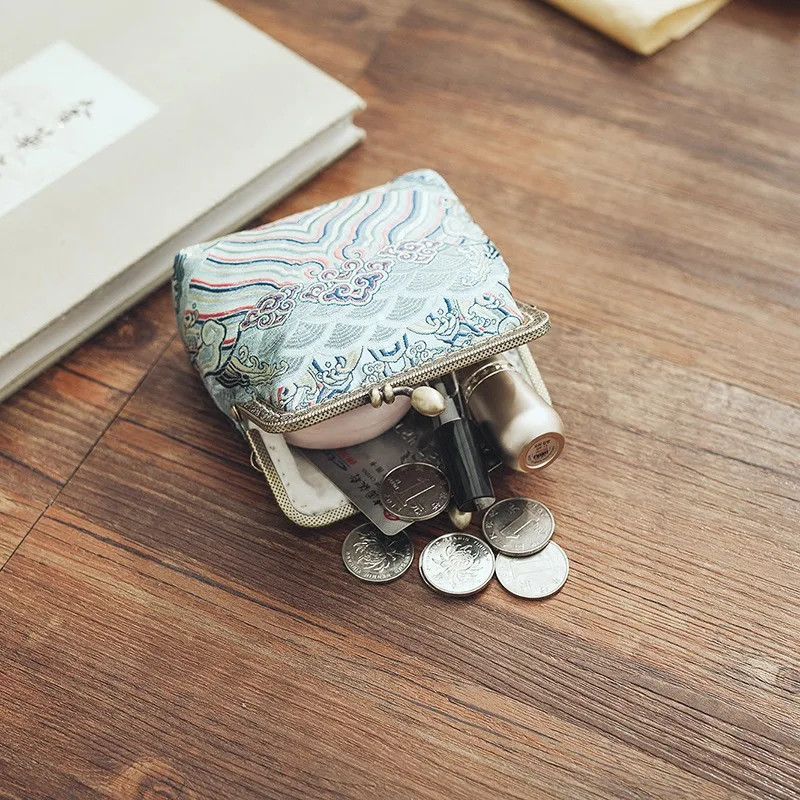 Chinese style Coin Purse Women Lady Retro Vintage Silk Brocade Small Wallet Hasp Printing sea wave Clutch Bag Good Gift