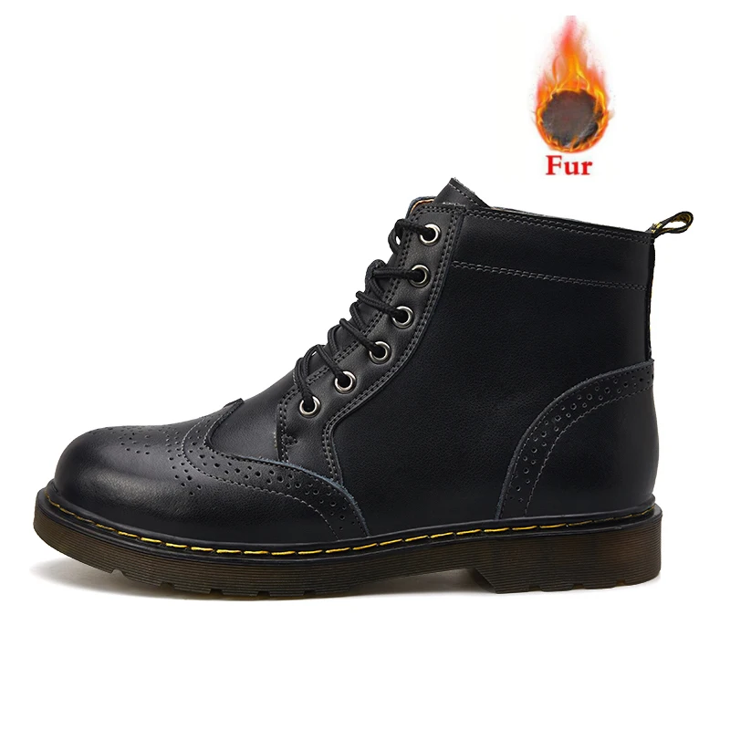 KATESEN/ г. Высокие мужские ботинки из натуральной кожи Зимняя обувь Классические Теплые мужские повседневные ботинки на меху на осень и зиму - Цвет: black-fur