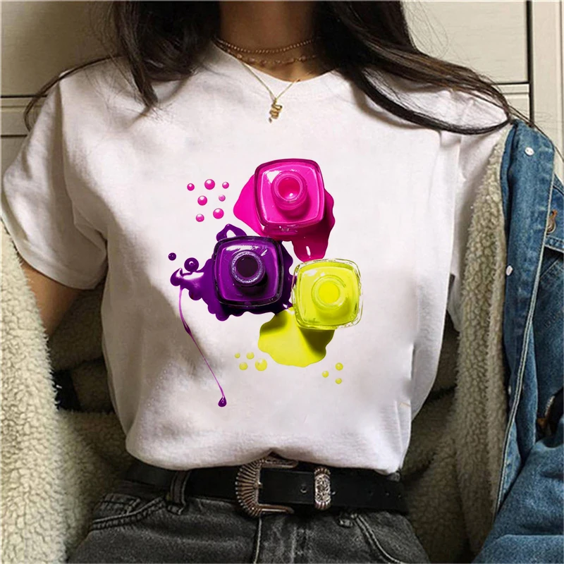 2024 Nagellack gedruckt Frauen T-Shirt lustige Ulzzang Grafik Hip Hop weibliche Kleidung T-Shirt Grafik lässig weiß T-Shirt
