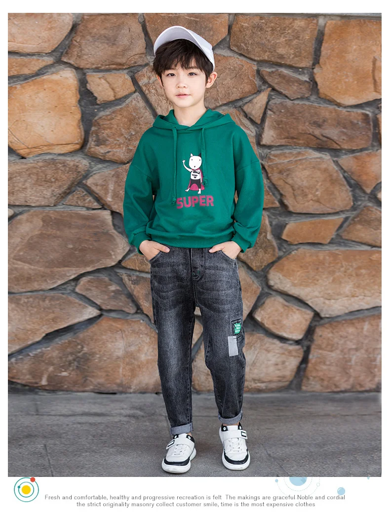 Spring Autumn Children Fashion Jeans Pants Teenage Boys Denim Trousers Casual Letter Cotton Pencil Pants for Boy Dark Jeans