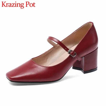 

Krazing Pot Korean fashion maiden full grain leather shoes high heels square toe buckle straps beauty lady big size pumps L53