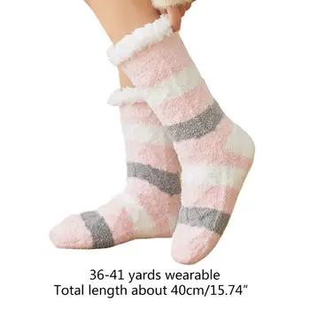 

Womens Winter Warm Candy Color Striped Coral Velvet Non Slip Fuzzy Slipper Socks