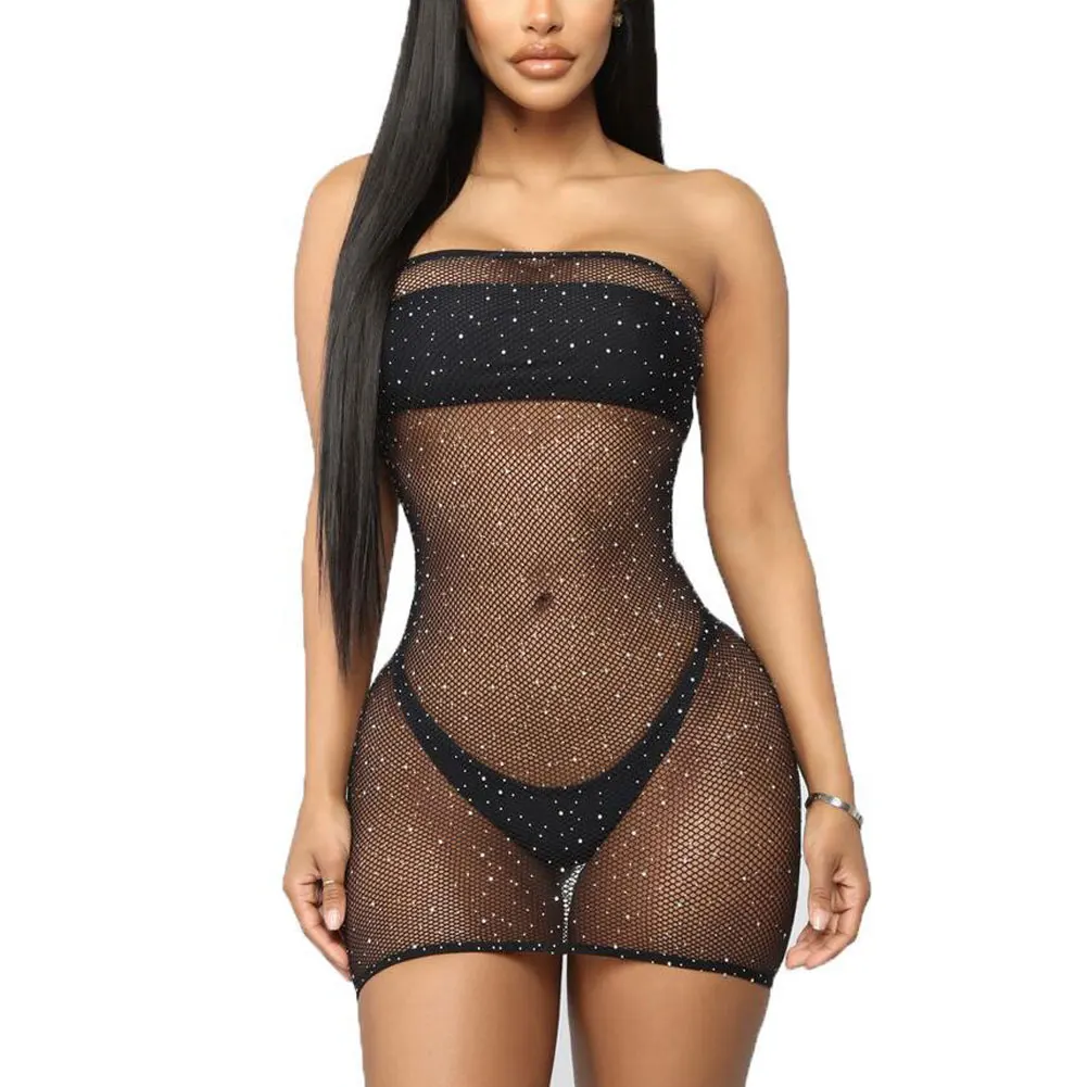 Women Sexy Summer Beach Fishnet Mini Dress Female Off Shoulder Bling Diamante Crystal Mesh Cover Up |