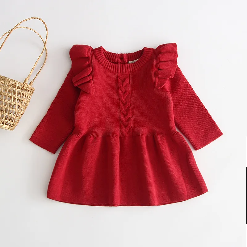 

Child Girls Kids Knitted Sweater Ruffles Crochet Autumn New Dress Princess Candy Color Sweet Children Toddler Clothes