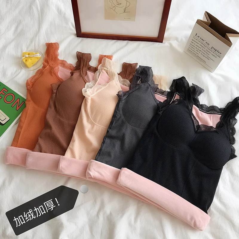 Plus Velvet Sleeveless Top Women Casual Female T-shirt Solid Color Tank Top Women V-neck Lace Top Female Winter Womens Clothing
