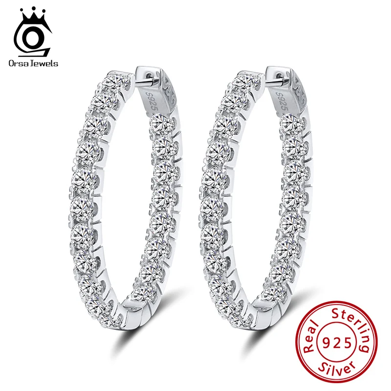 ORSA JEWELS чистое серебро женские серьги кольца S925 полный Циркон 35 мм круглые Модные