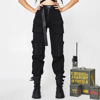 

Autumn Winter Women Pocket Strap Buckle Bandage Overalls Streetwear Hip Hop Dance Casual Trouser Black Zipper Overalls