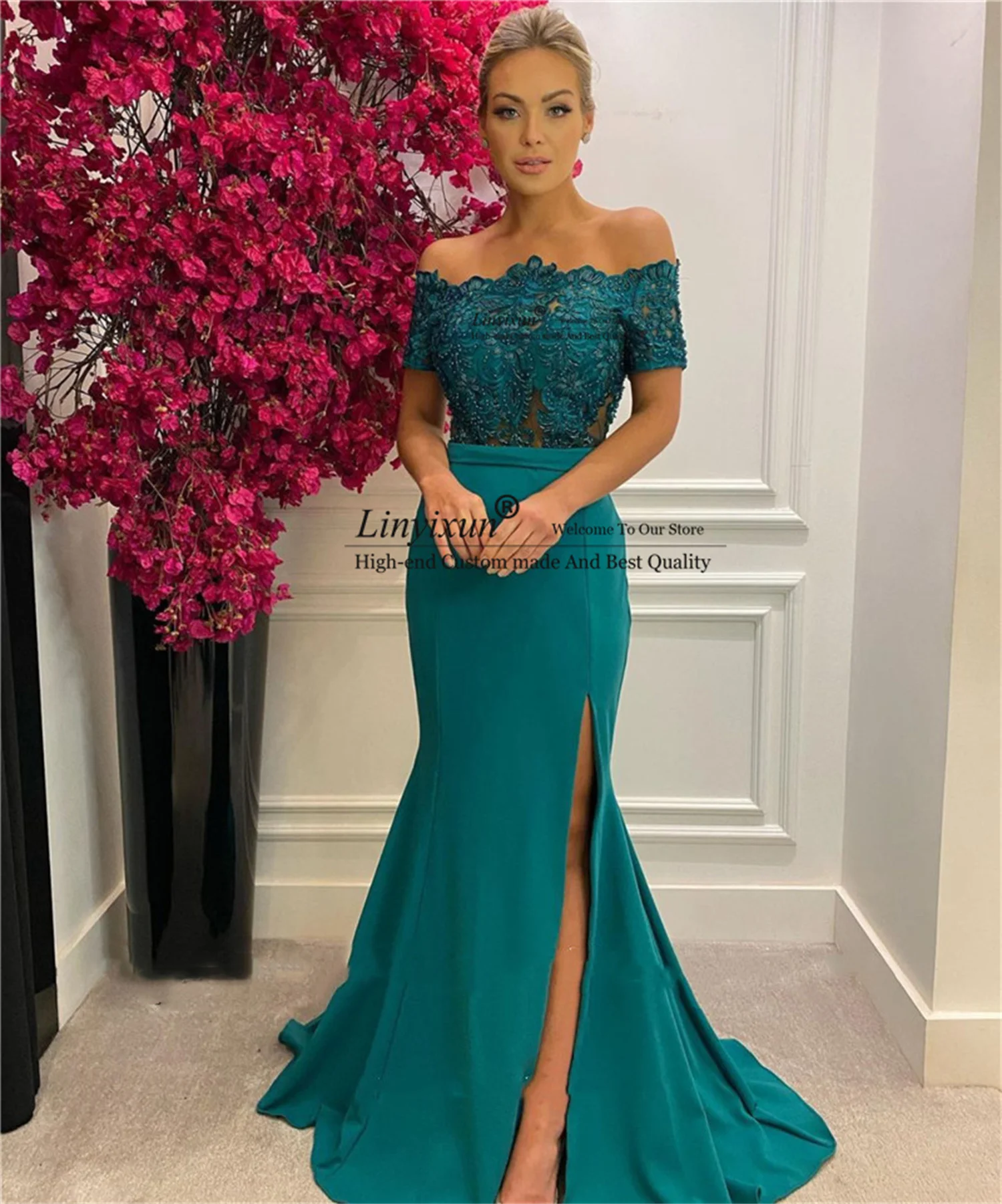 Sexy Dark Green Mermaid Prom Dresses With Lace Strech Satin Formal Evening Gowns Off Shoulder Short Sleeves Slit robes de soirée satin prom dress Prom Dresses