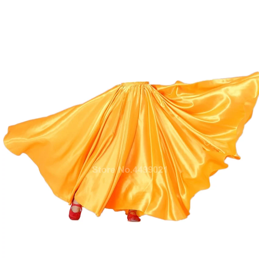 Yellow Юбка для танца живота, 360 градусов, одноцветная, цыганская, для женщин, девочек, испанское фламенко, юбка, атласное, большое, свободное платье, для взрослых и детей, для сцены - Цвет: Yellow