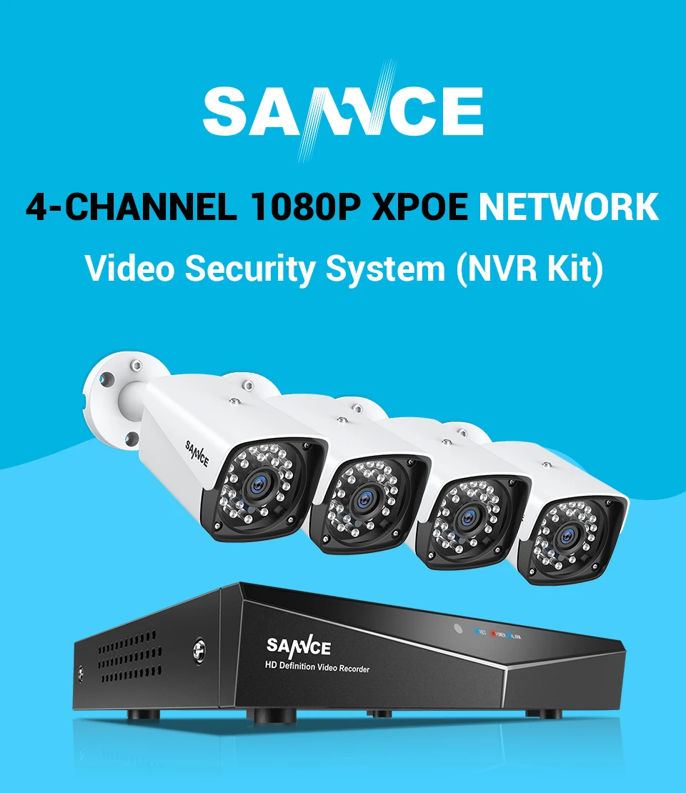 SANNCE 4CH XPOE 1080P NVR CCTV комплекты видеонаблюдения 4 шт. 2MP 1920*1080 Всепогодная Внутренняя/наружная ip-камера безопасности 1 ТБ HDD