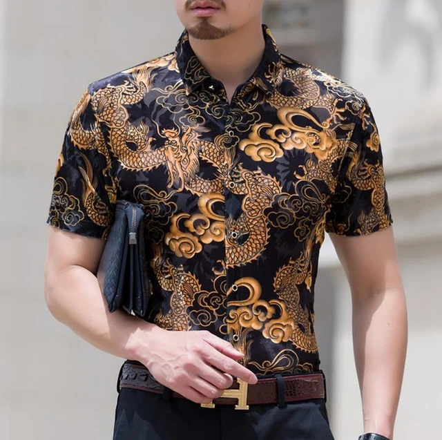 Dragon Print Design Silk Shirts Men Casual Short Sleeve Sexy Slim Velvet Shirt Soft Thin Comfortable Size S-3xl Shirts -