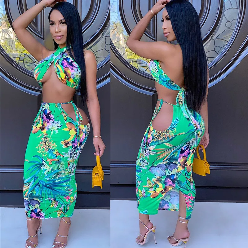 

SKMY Bohemian Floral Printed Sexy Lace Up Tank Top Fashion Bodycon Long Skirt Set Women Two Piece Outfits 2023 Summer Beach Wear