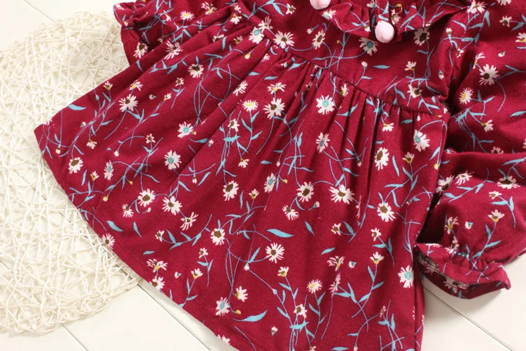 Платье для маленьких девочек; vestidos para bebes de invierno; платье для маленьких девочек с рюшами и кукольным воротником; платье с цветочным принтом и бантом Повседневная одежда с длинными рукавами