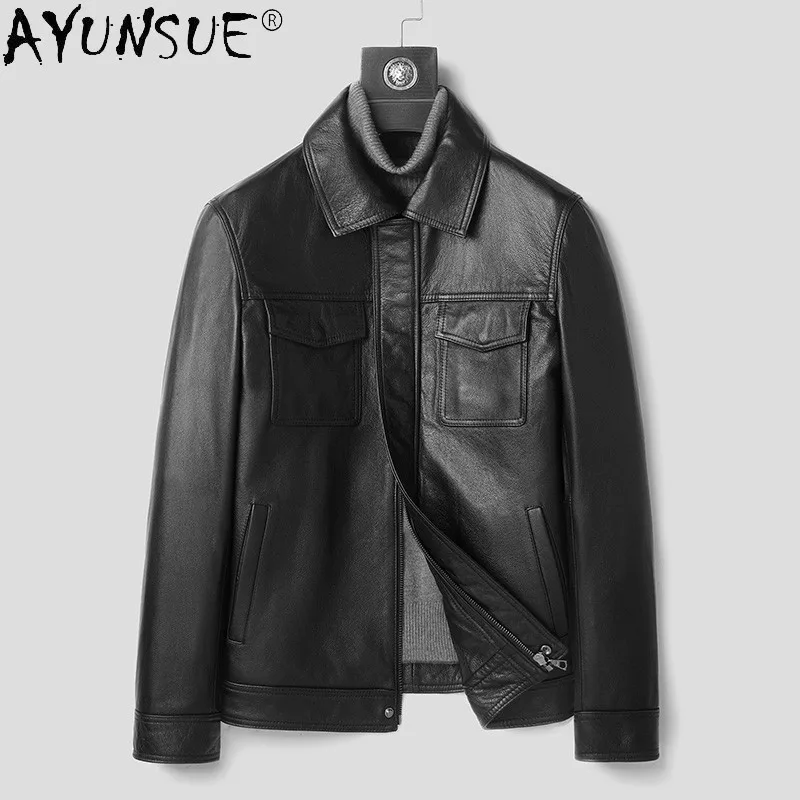 

AYUNSUE New Men's Genuine Cowhide Leather Jacket Men Clothing Autumn Clothes Winter Jackets Mens Zipper Coat Hommes Veste LXR957