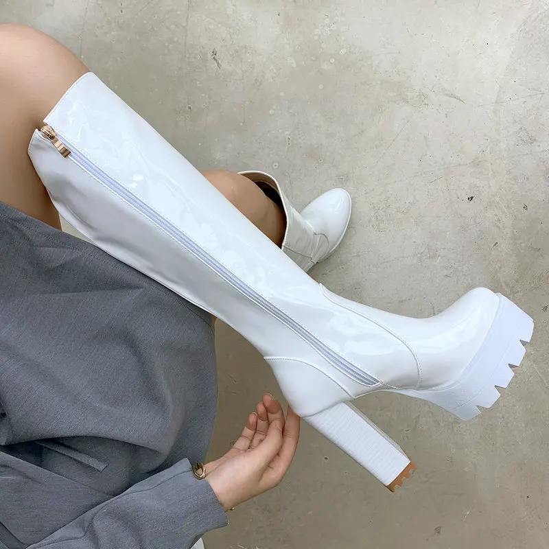 

Patent Leather Women Thick Soled Boots Spring Autumn Knee-high High Side Zipper Women Boots 11.5CM Super High Heel Women Shoes
