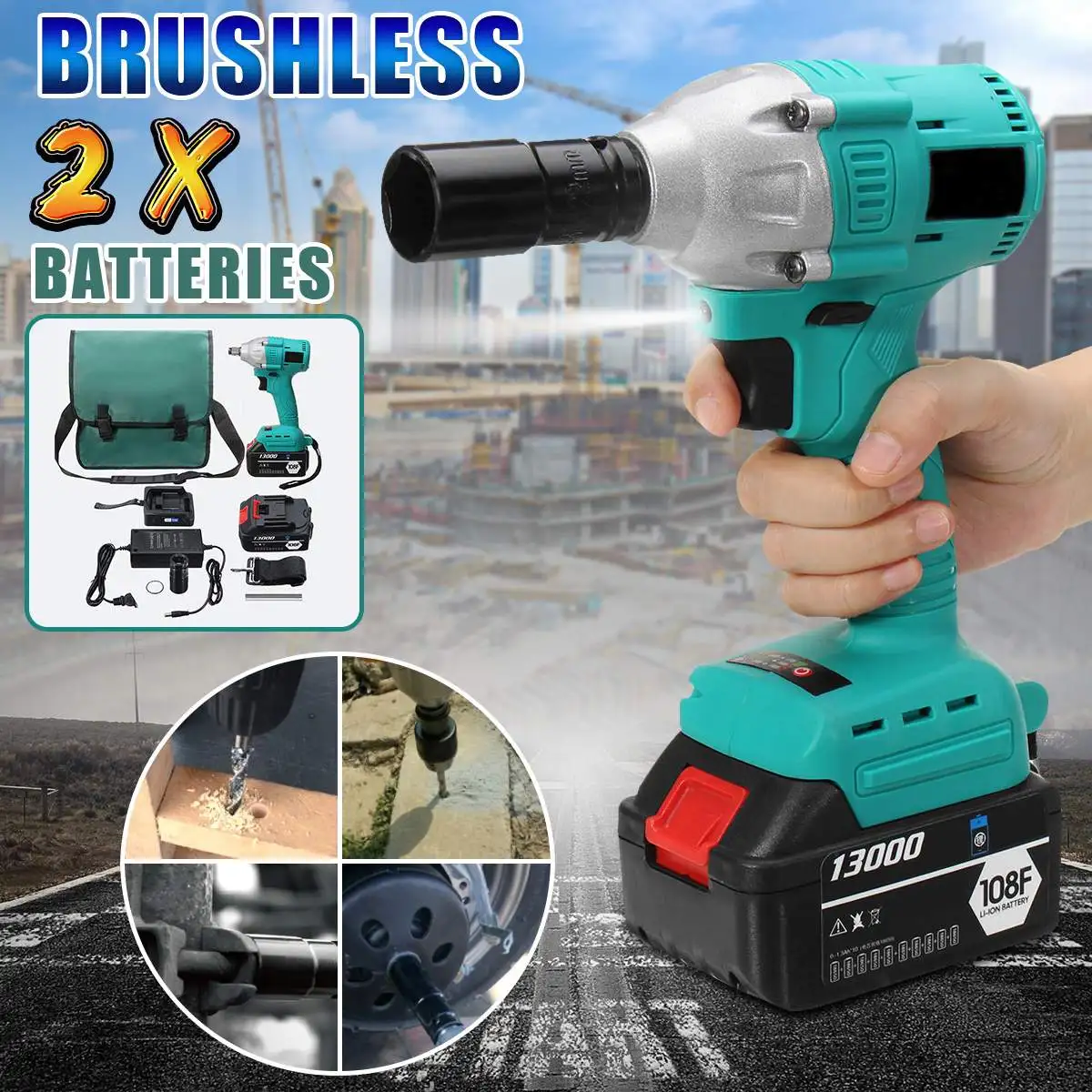 

Drillpro 2x108F 13000mAh Batteries Brushless Electric Impact Shock Wrench Cordless 340M.N Electric Hand Drill Installation Tools