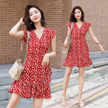 

Women Ruffle V-neck Mini Floral Print Dress Vintage Long Sleeve Casual Loose Pleated Dress Ruffles Party Dress Vestidos