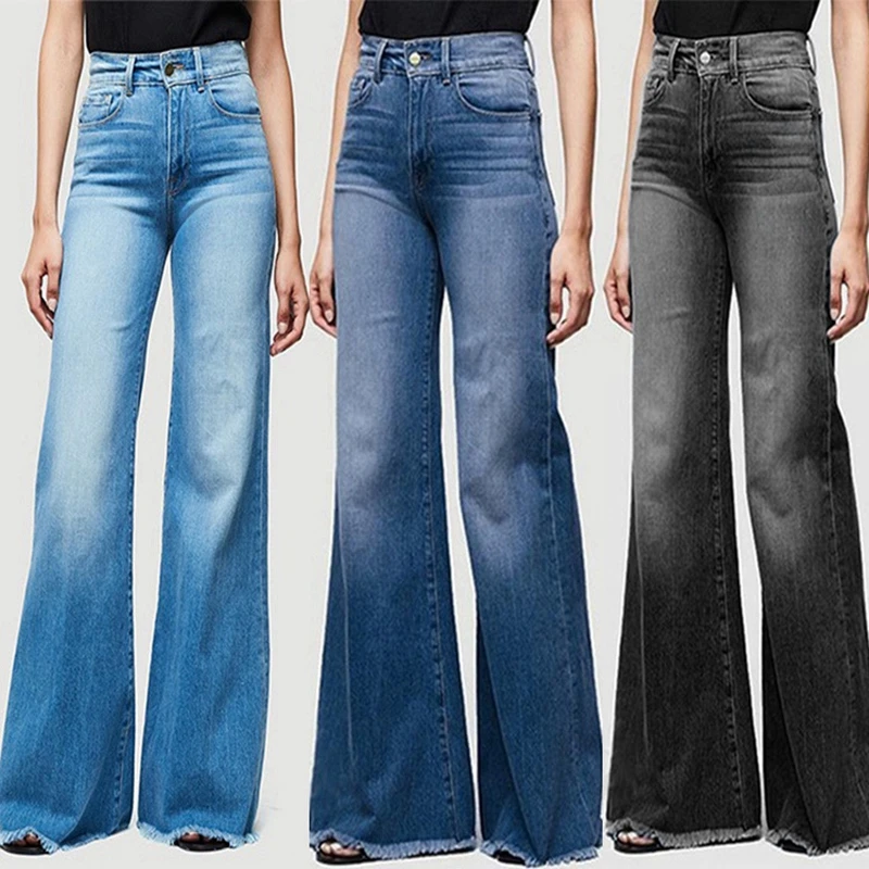 Высокая талия стрейч женские, с расклешенным джинсы плюс Размеры джинсовые штаны широкие брюки длинные джинсы обтягивающие джинсы женские расклешенные джинсы с кроем для женщин Штаны