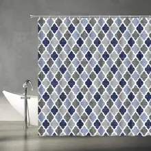 

Geometric Shower Curtain Navy Blue Grey Moroccan Pattern Texture Vintage Modern Art Home Bathroom Decor Polyester Fabric Hooks