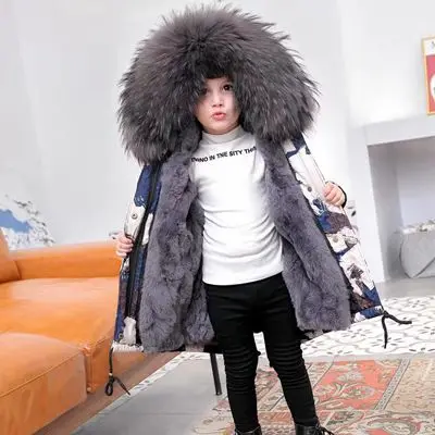 White Grey Fur Зимние детские парки с натуральным мехом Куртка с граффити меховые куртки для мальчиков теплая одежда для девочек съемная подкладка из меха кролика - Цвет: White Grey Fur