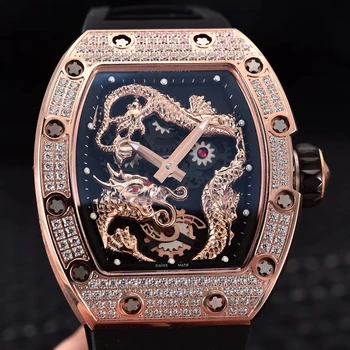 

Luxury Brand Black Rubber Men Sapphire Automatic Mechanical Dragon Phoenix Rose Gold Iced Diamond Tourbillion Skeleton Watch