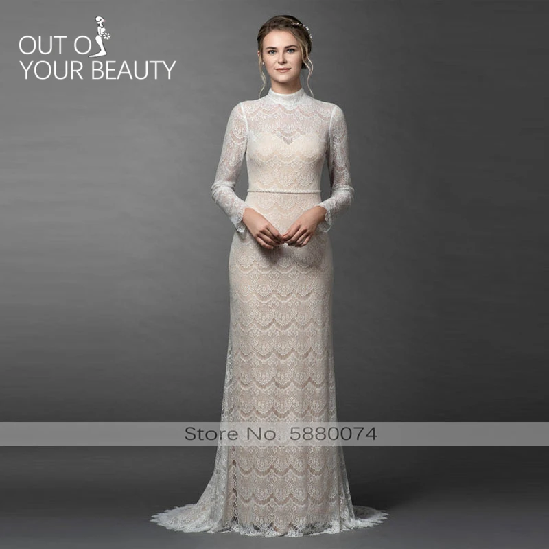 

Wedding Dress 2020 New High Neck Back Button Champagne 20cm Tail Regular Long Sleeves Lace Bridal Gown Customizable Size