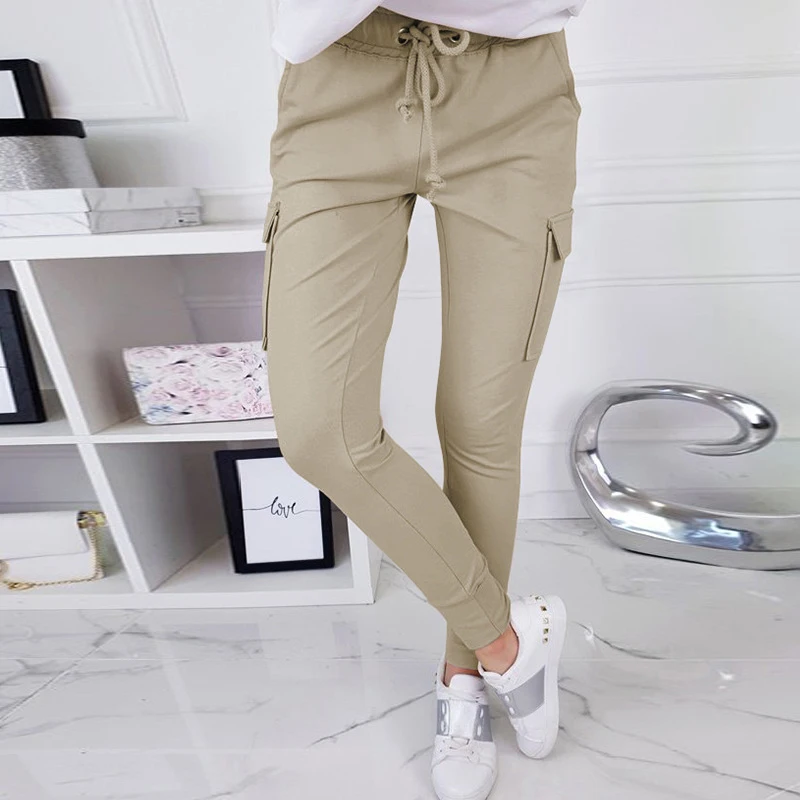 

Spring Womens Pocket Cargo Work Pants Autumn Hot Sale Ladies Casual High Waist Long Pants Female Drawstring Solid Trousers S-2XL