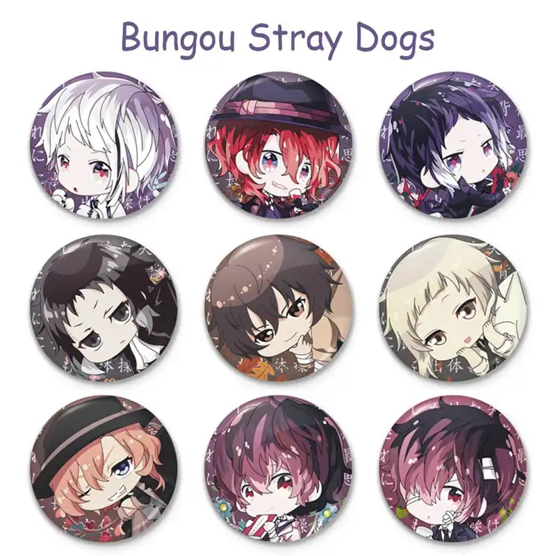 16pc Anime Bungo los perros callejeros Dazai Ranpo Izumi Kyouka Metal Insignia Pin Broche 58mm
