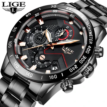 

LIGE Fashion Mens Watches Stainless Steel Top Brand Luxury Sport Chronograph Quartz Watch Men Black Watch Relogio Masculino 2020