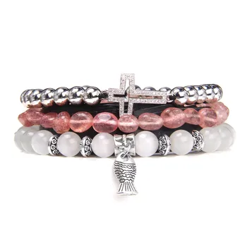 

Women Bracelets Irregular Natural Strawberry Quartz Bracelets Women Hematite Beads Bangle Men CZ Cross Pulsera Vintage Jewelry