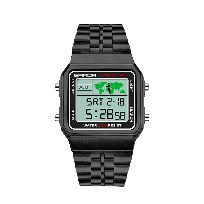 Sanda мужские деловые цифровые часы с будильником карта мира Мода 50 м водонепроницаемый стальной ремешок мужские электронные часы для мужчин - Цвет: Черный
