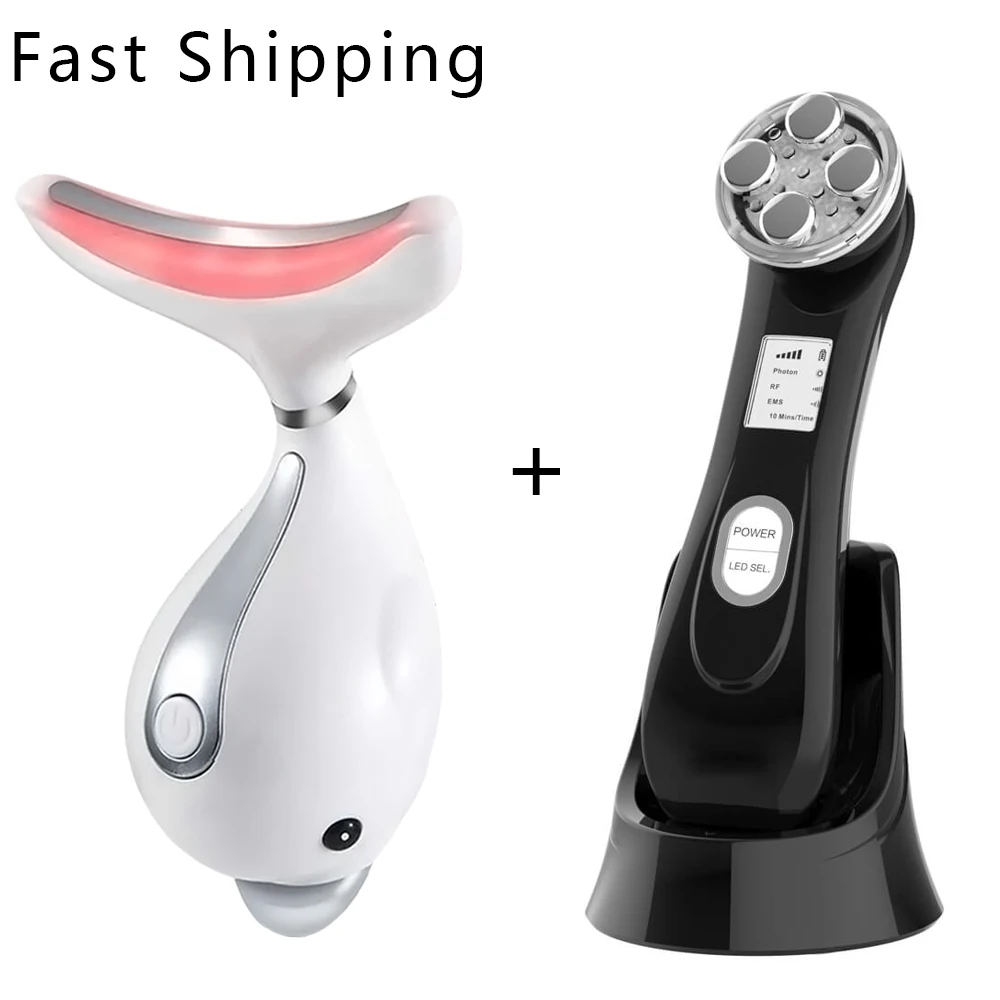 RF EMS Therapy Face Colors Photon Treatment Facial Neck Massager LED Beauty Light Skin Care Machine Anti Wrinkle Microcurrent | Красота и