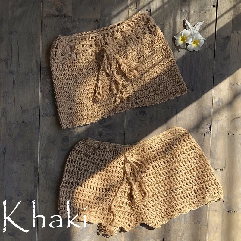 Solid Crochet Bikini Top Summer Shell Sexy Swimsuit Handmade Women Swimwear Suit Boho Beach Wear Knitted Thong Short Bottom
