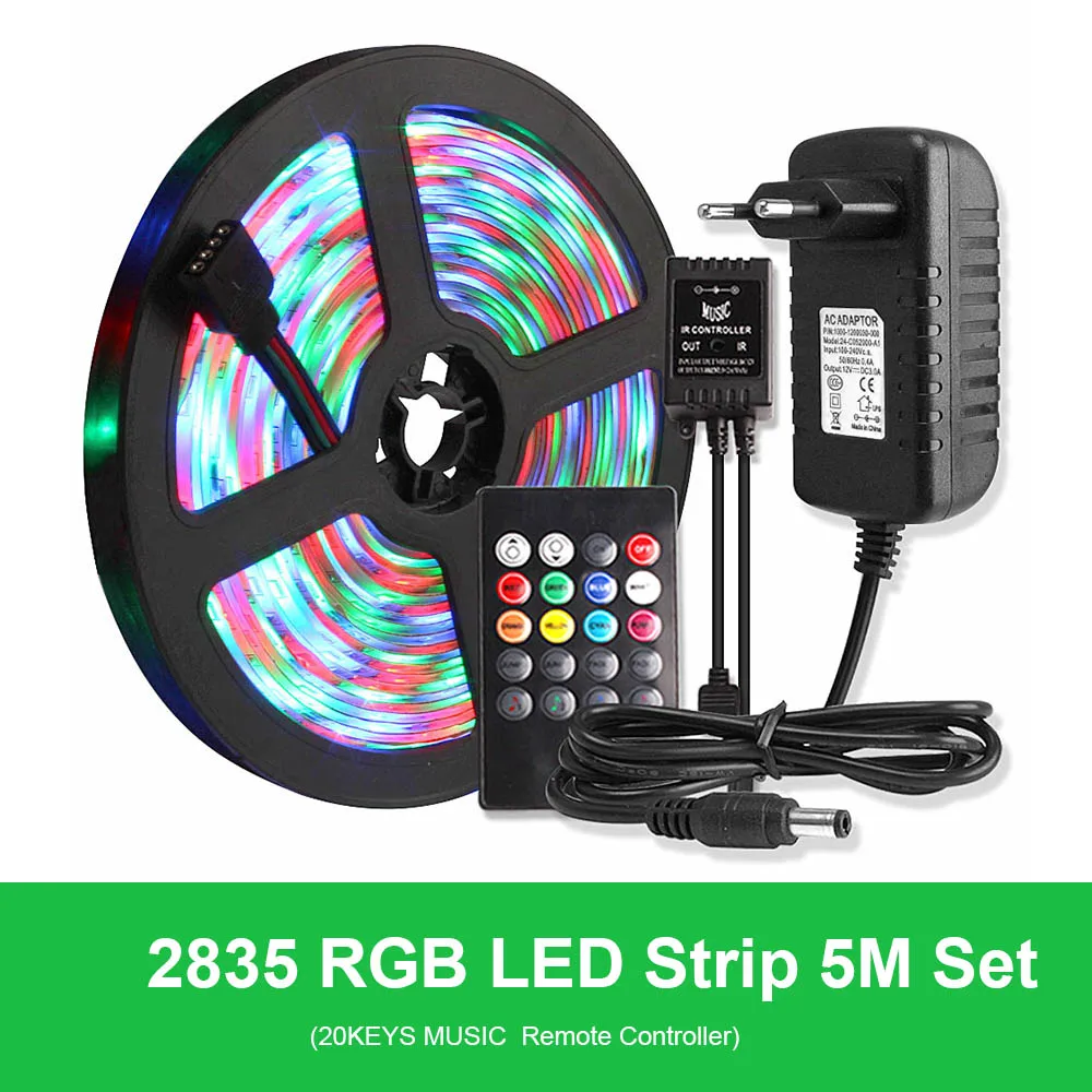 20keys Music Remote 2835 Светодиодная лента Водонепроницаемая 5 м лента RGB Гибкая неоновая Диодная Tira светодиодный светильник полоса 220 В до 12 В адаптер Bluetooth/17 ключ дистанционного управления - Испускаемый цвет: 20keys Music Remote