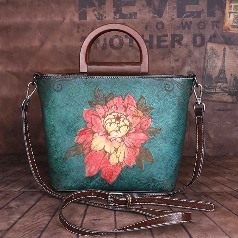 Women Genuine Leather Messenger Crossbody Embossed Bags Multi-Capacity Peony National Style Female Handbag Shoulder Tote Bag
