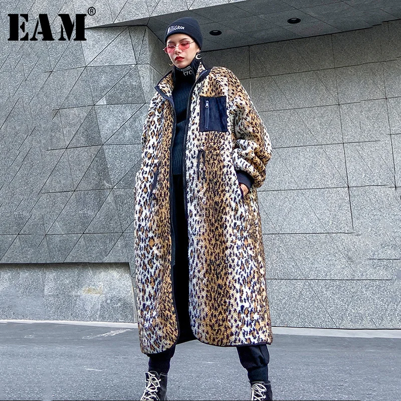 [EAM] свободная, леопардовая, имитация овечьей шерсти, большой размер, Толстая куртка, новинка, с отворотом, длинный рукав, Женское пальто, мода, весна, 1N014
