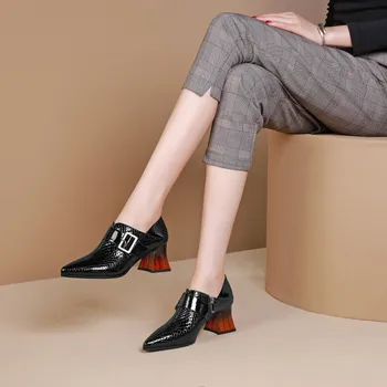 

MLJUESE 2020 women pumps autumn spring Cow leather black color buckle strap pointed toe high heels lady shoes size 34-42