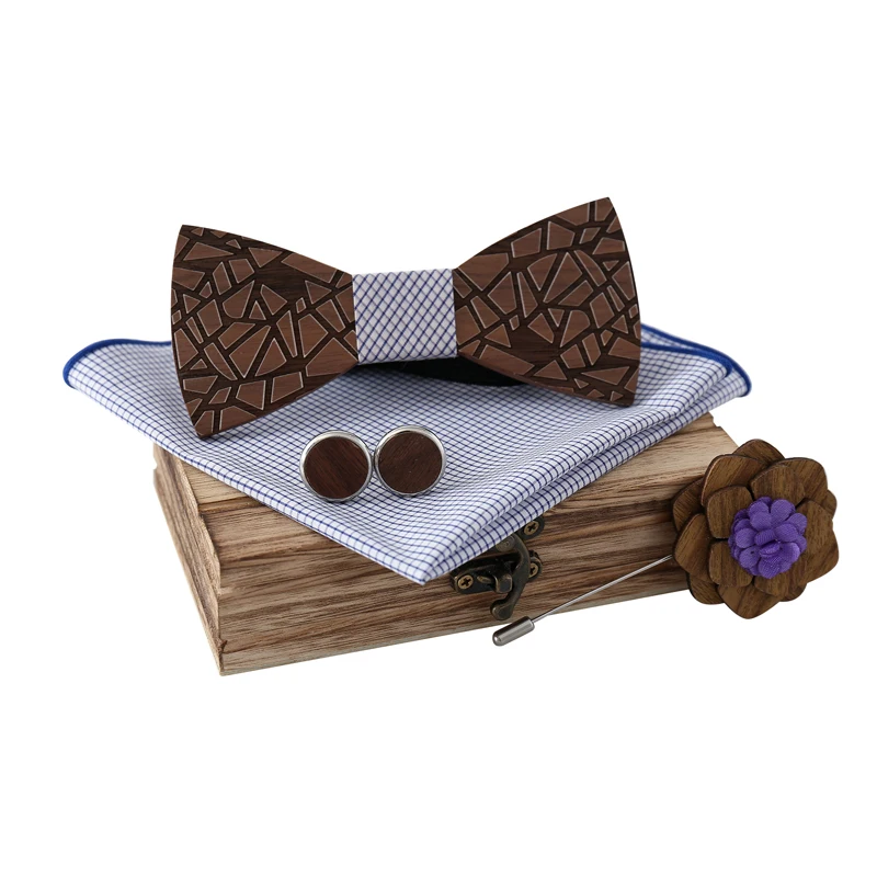  Fashion Handmade Wooden Bow Tie Handkerchief Cufflinks Set Men's 3D Bow Tie Wood Pocket Square With