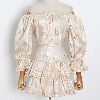 

SeeBeautiful Sexy Slash Neck Lantern Sleeve High Waist Hollow Out Loose A-line Dress Woman Summer Autumn 2020 New Fashion T402