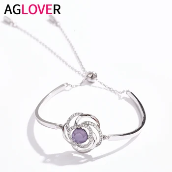 

AGLOVER High Quality 925 Sterling Silver Purple CZ Zircon Silver Flower Bracelet For Woman Fashion Glamour Gift Wedding Jewelry