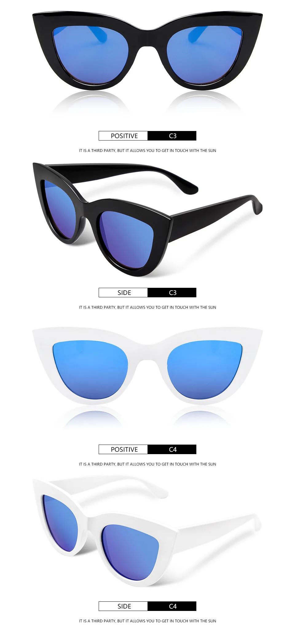 WUE NEW Retro Thick Frame Cat Eye Sunglasses Women Ladies Fashion Brand Designer Mirror Lens Cateye Sun Glasses For Female