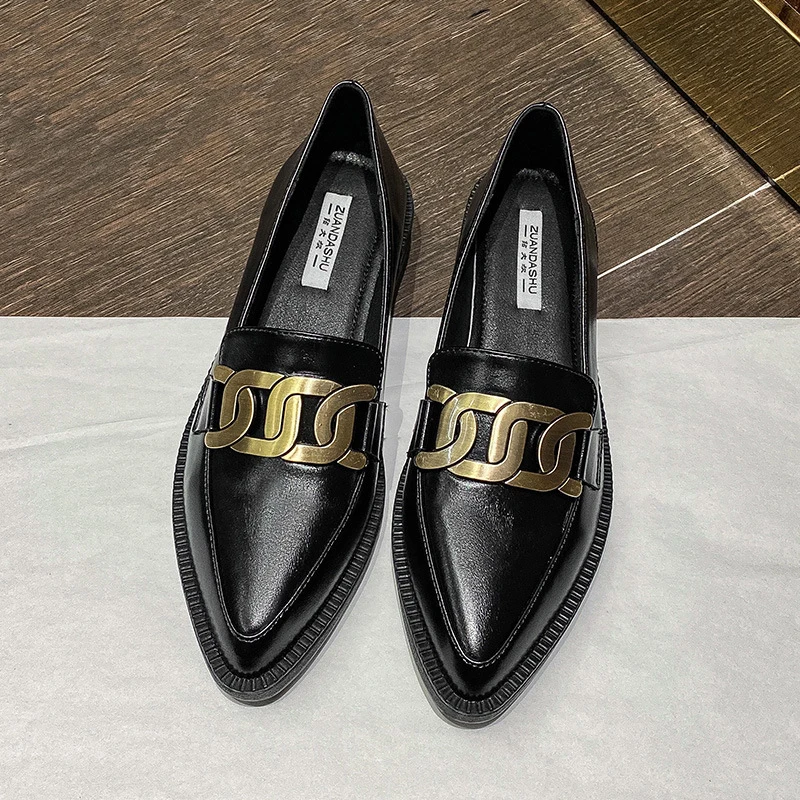 Leather Shoes Women British Metal chain small Oxfords Sneakers Derbies Shallow Pointed Toe Thick Heels Loafers Ladies Flats women oxford shoes leather mary jane shoes