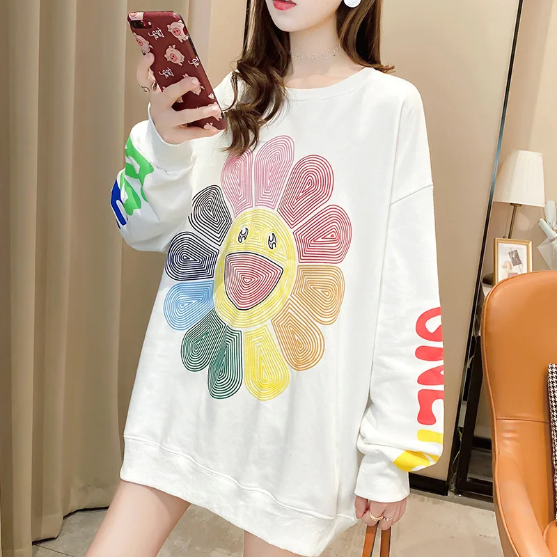 

Oversize Sweatshirts 2020 Spring Autumn Thin Korean Loose Style Women Kawaii Sun Flower Print Fashion Pullovers Casual Kpop Tops
